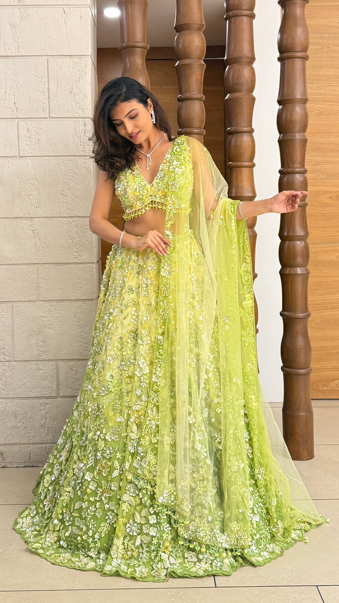 Lime Green Floral Embroidered Net Lehenga with Sequin Work & Matching Dupatta