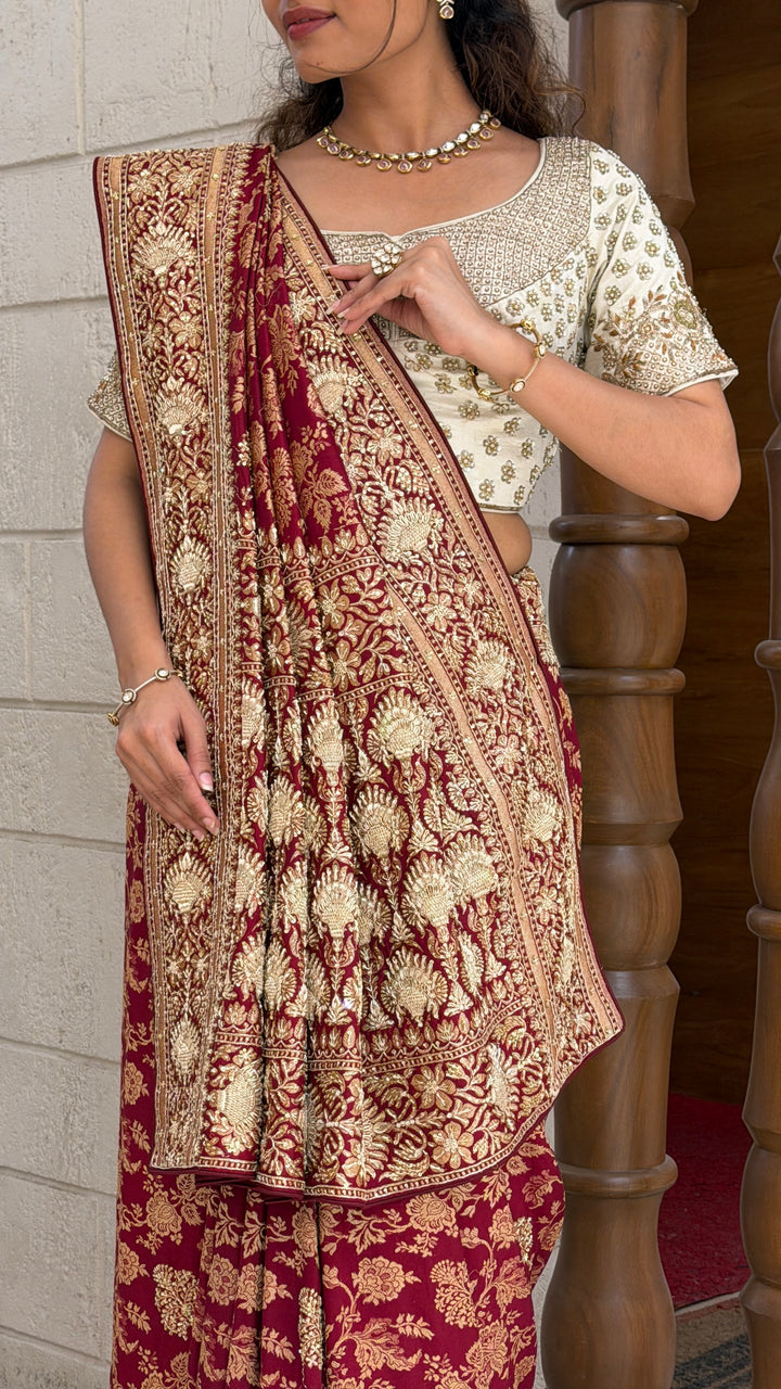 Royal Maroon Banarasi Saree with Intricate Gold Zari Weaving & Rich Traditional Pallu