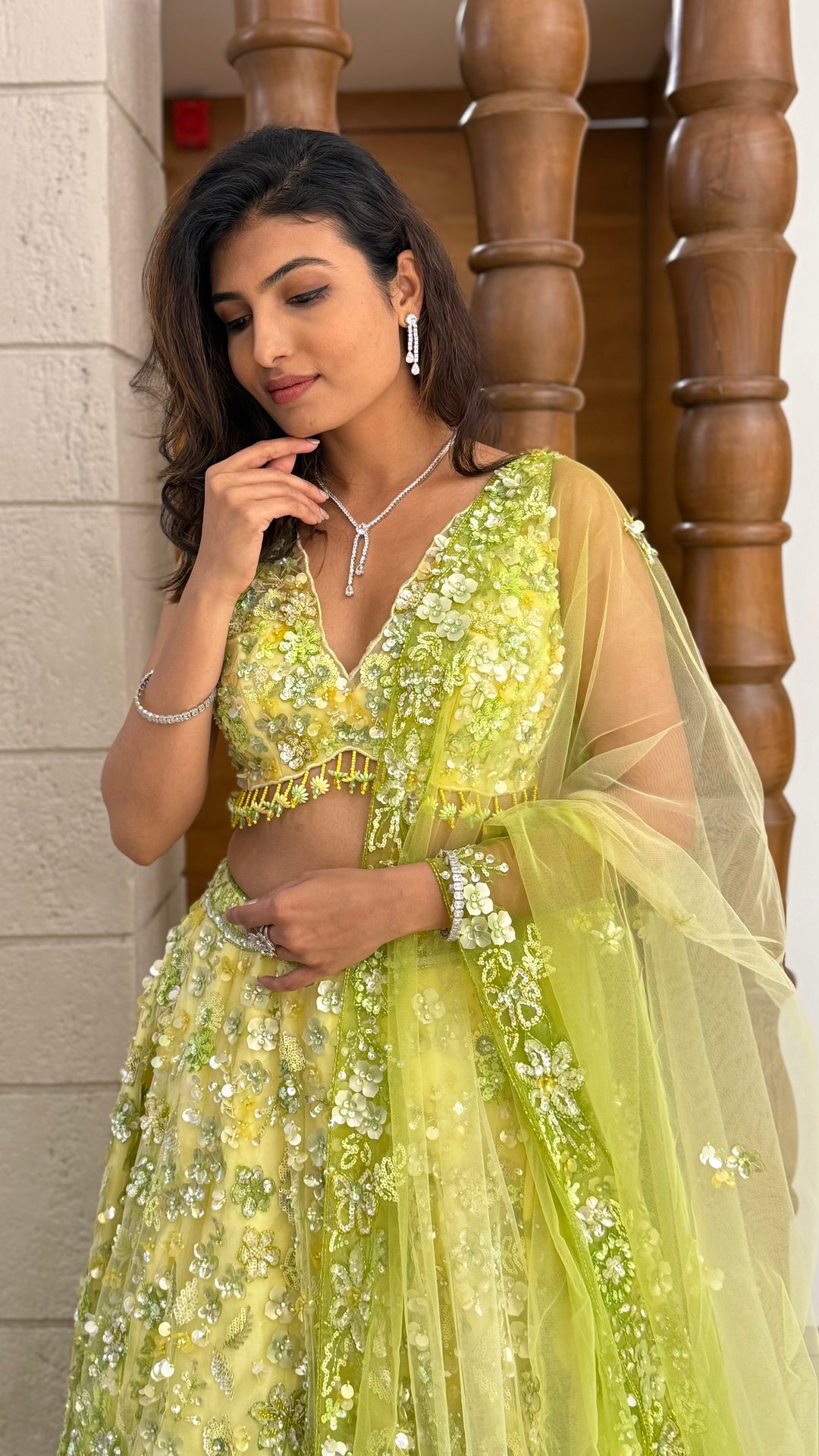 Lime Green Floral Embroidered Net Lehenga with Sequin Work & Matching Dupatta