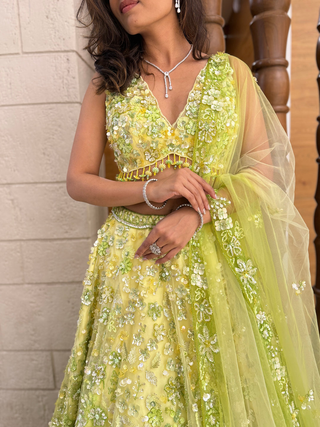 Lime Green Floral Embroidered Net Lehenga with Sequin Work & Matching Dupatta