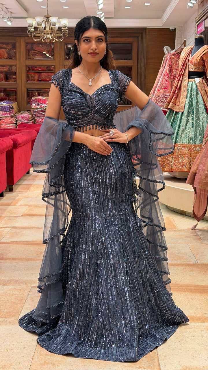 Midnight Grey Sequin Designer Gown with Layered Organza Ruffle Sleeves