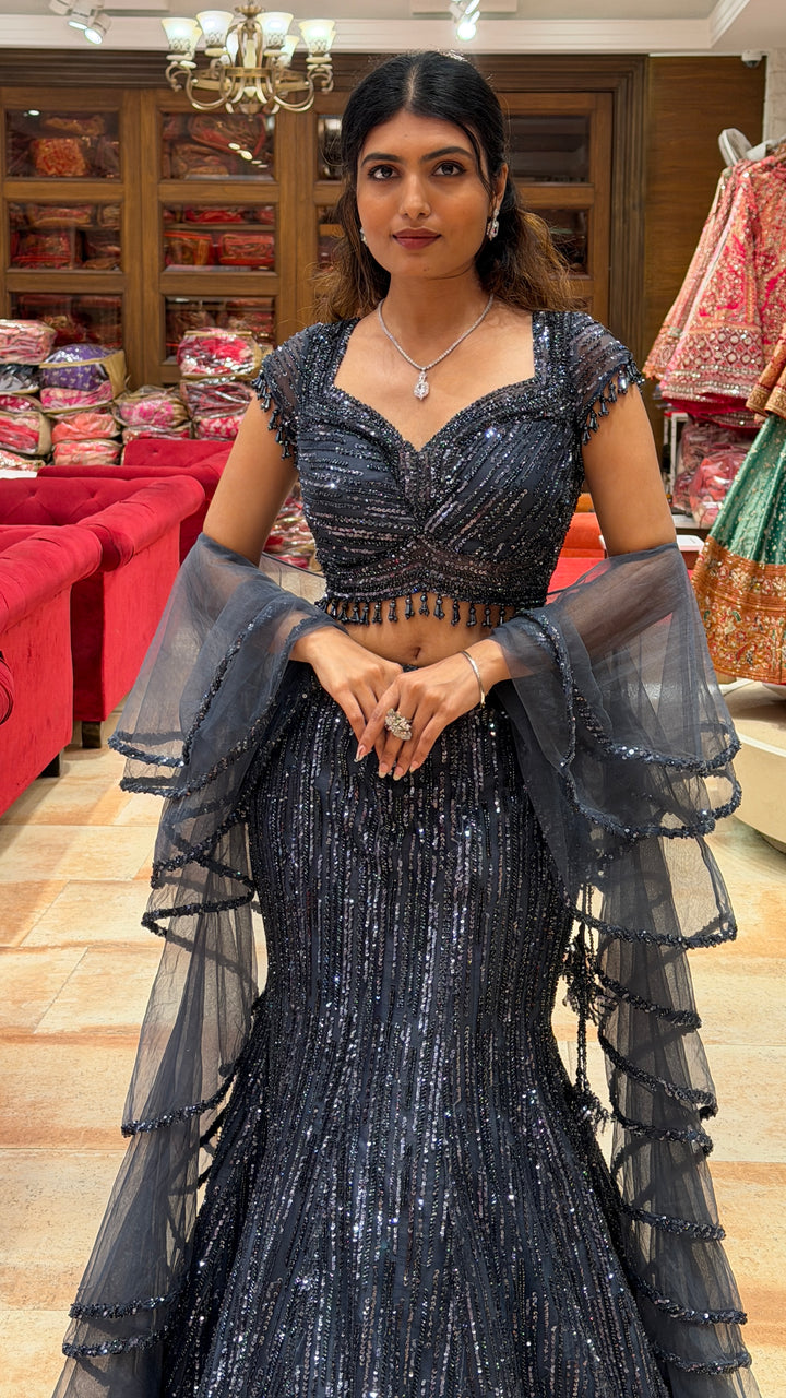 Midnight Grey Sequin Designer Gown with Layered Organza Ruffle Sleeves