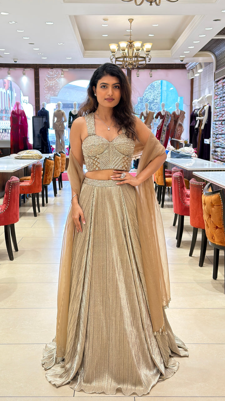 Women’s Champagne Gold Embellished Lehenga Set with Pleated Skirt & Soft Net Dupatta