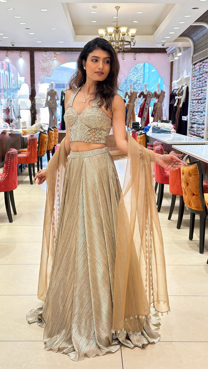 Women’s Champagne Gold Embellished Lehenga Set with Pleated Skirt & Soft Net Dupatta