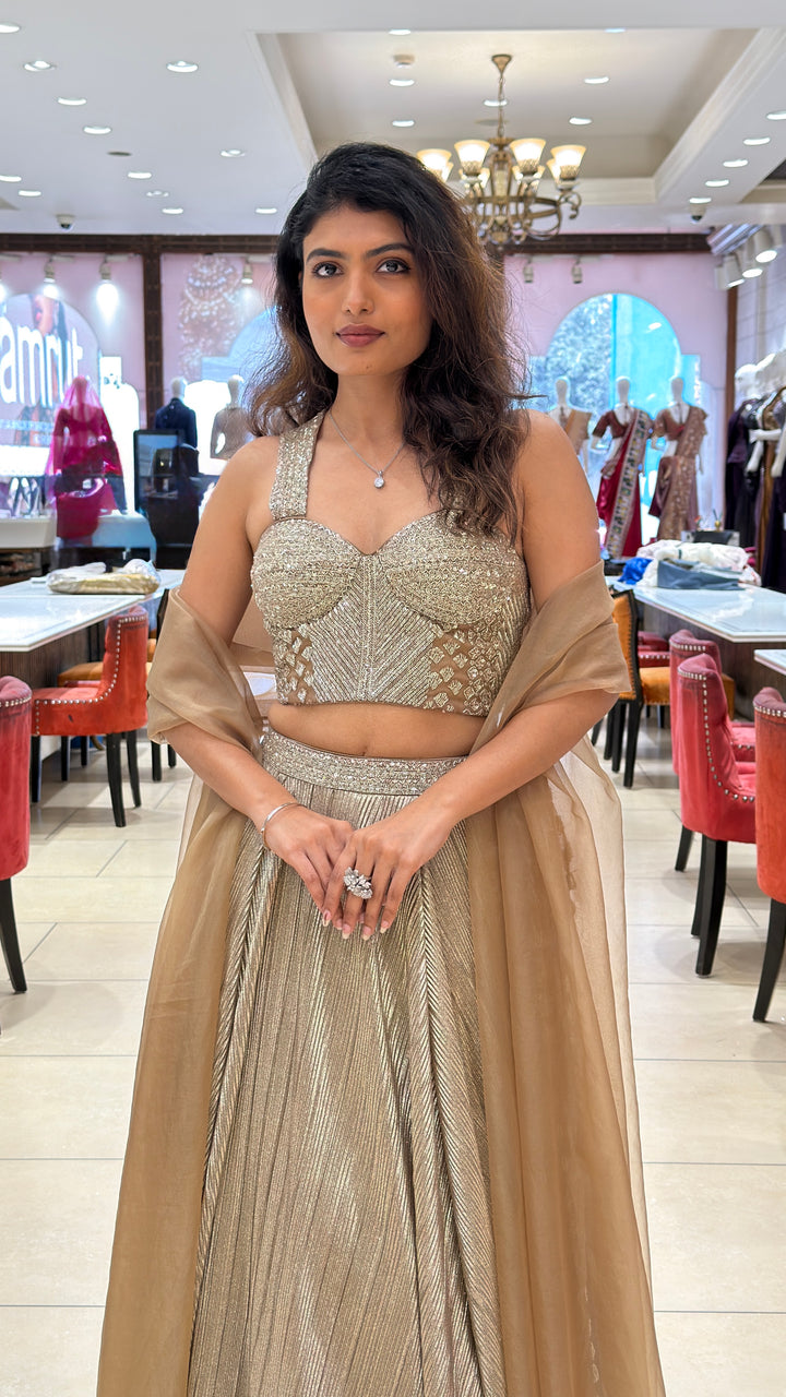 Women’s Champagne Gold Embellished Lehenga Set with Pleated Skirt & Soft Net Dupatta