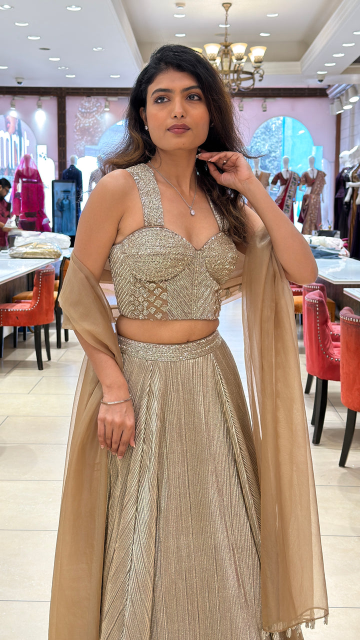 Women’s Champagne Gold Embellished Lehenga Set with Pleated Skirt & Soft Net Dupatta