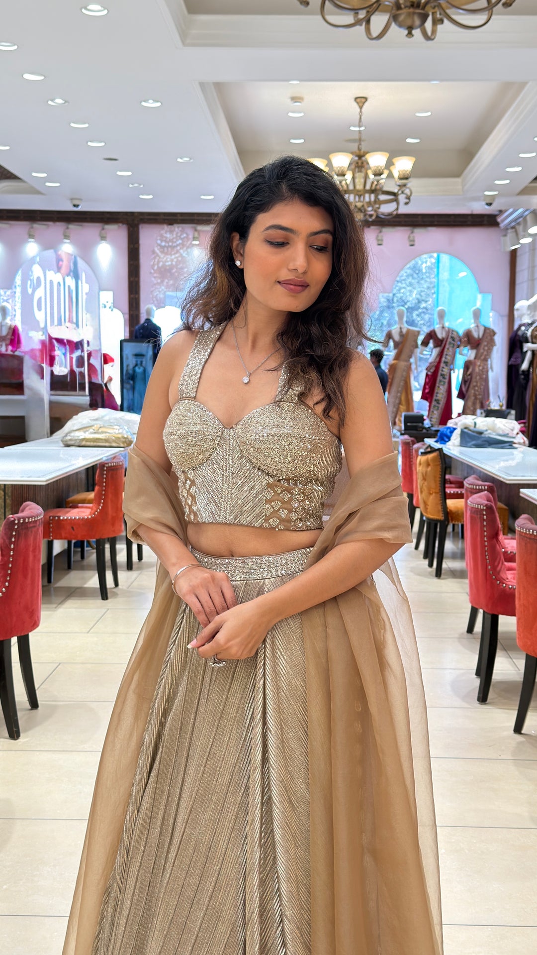 Women’s Champagne Gold Embellished Lehenga Set with Pleated Skirt & Soft Net Dupatta