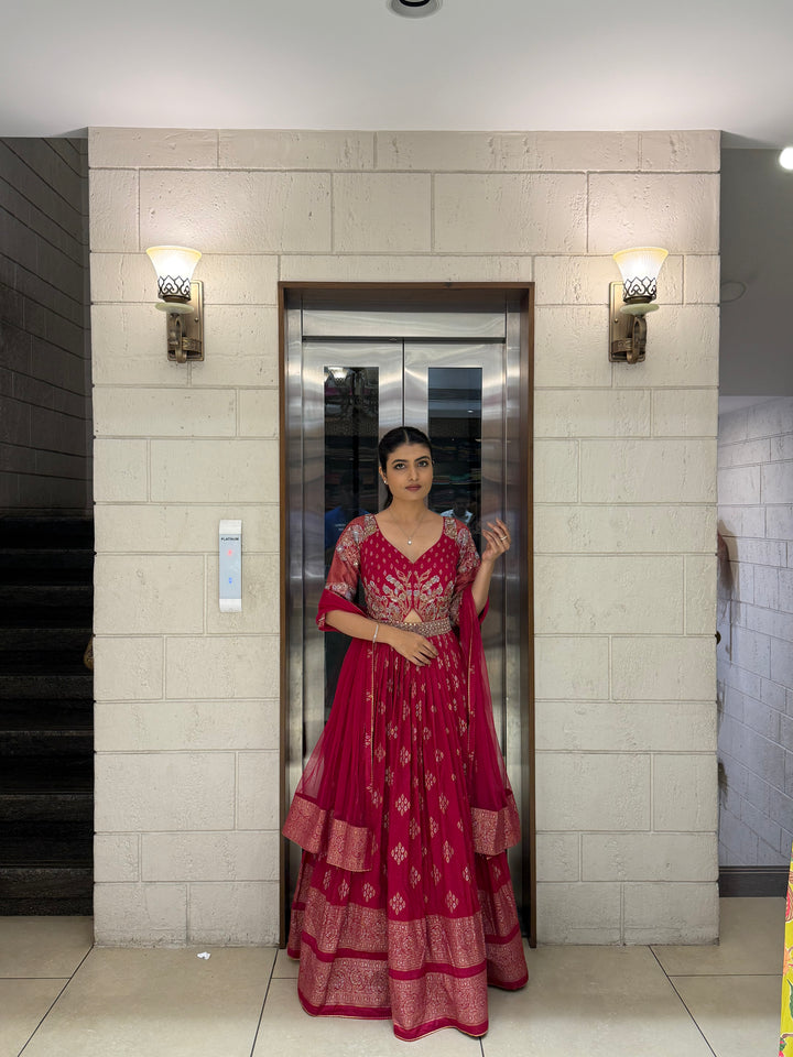 Elegant Maroon Embroidered Anarkali Gown with Dupatta