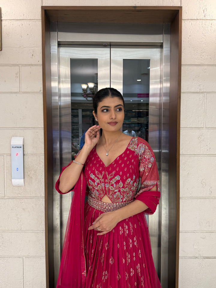 Elegant Maroon Embroidered Anarkali Gown with Dupatta