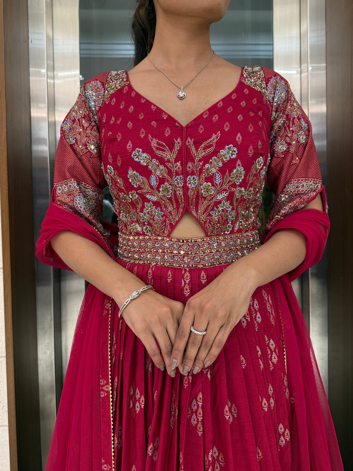 Elegant Maroon Embroidered Anarkali Gown with Dupatta