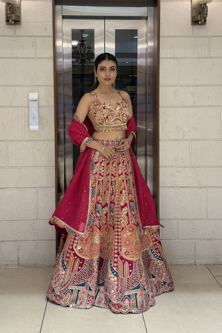 Traditional Multicolor Embroidered Bridal Lehenga with Pink Dupatta
