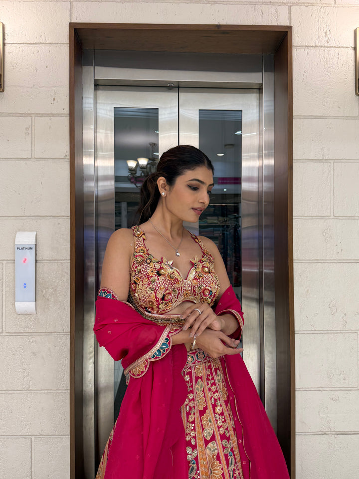 Traditional Multicolor Embroidered Bridal Lehenga with Pink Dupatta