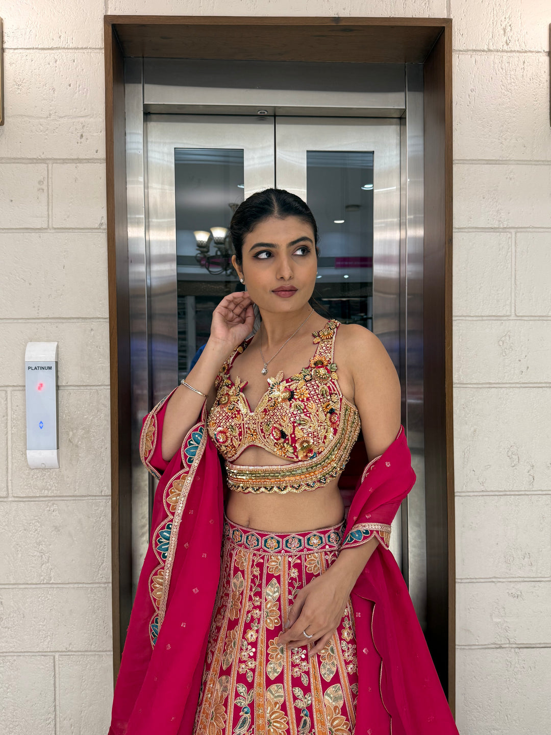 Traditional Multicolor Embroidered Bridal Lehenga with Pink Dupatta