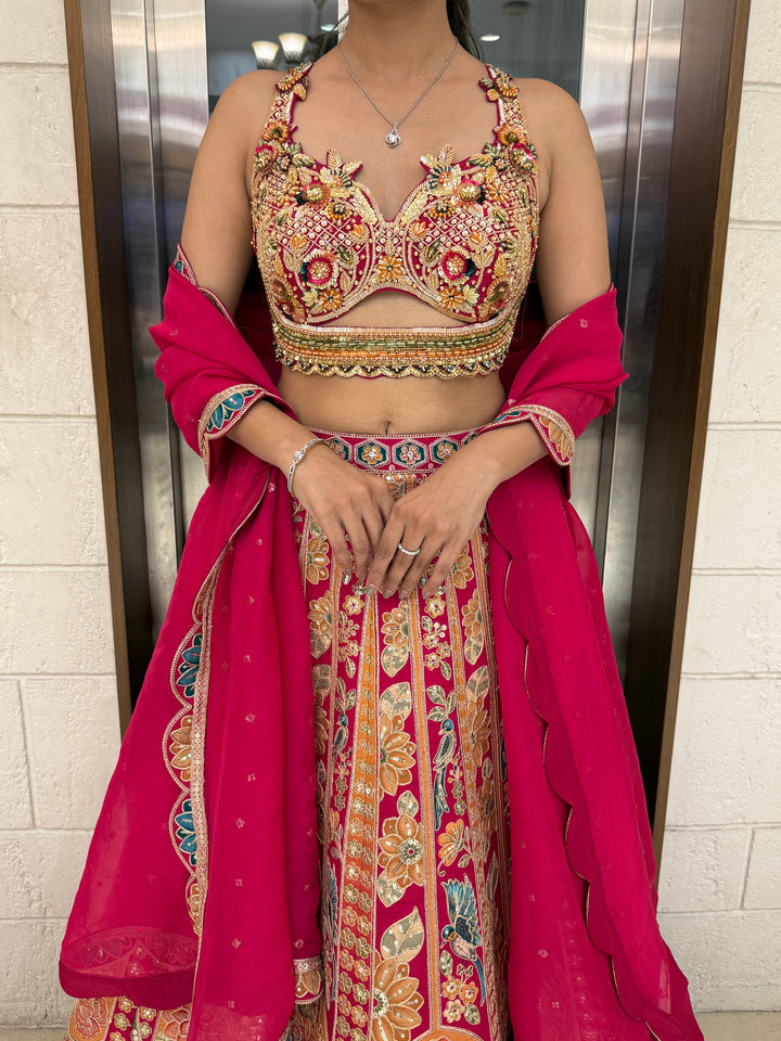 Traditional Multicolor Embroidered Bridal Lehenga with Pink Dupatta