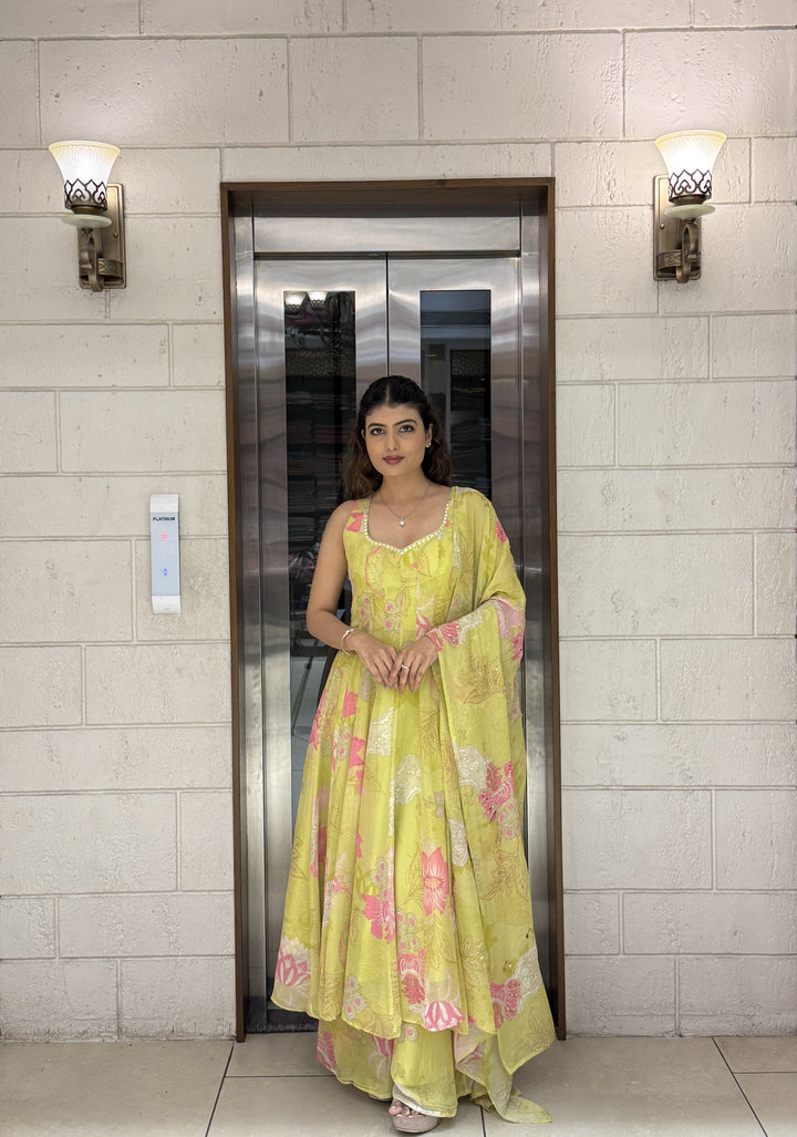 Lime Yellow Floral Anarkali Set with Palazzo Pants and Dupatta