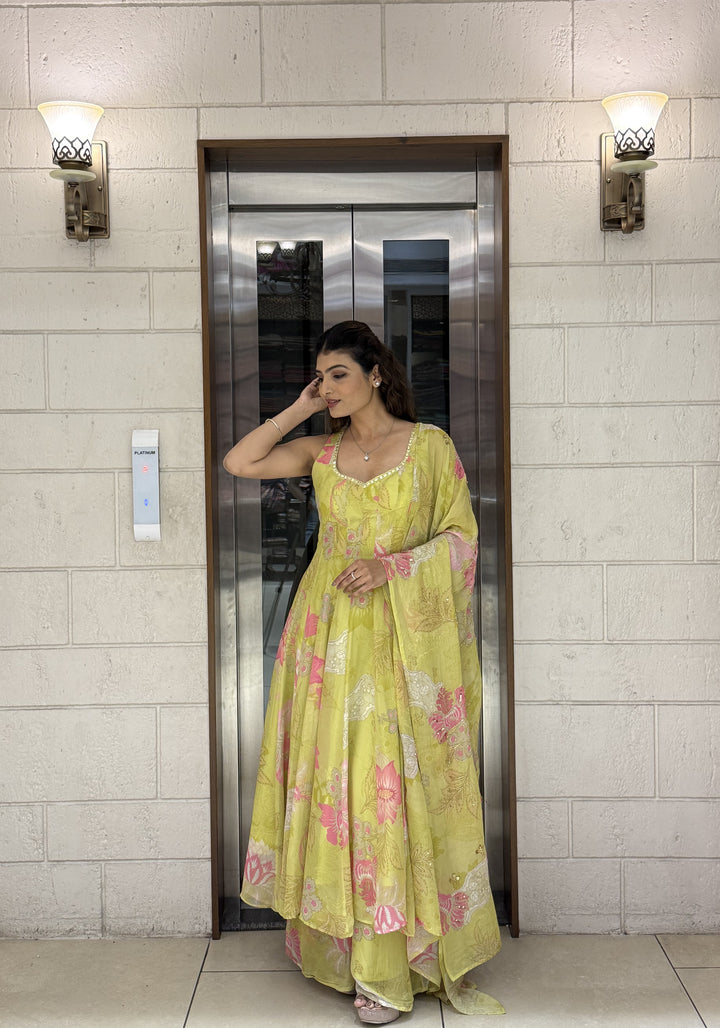 Lime Yellow Floral Anarkali Set with Palazzo Pants and Dupatta