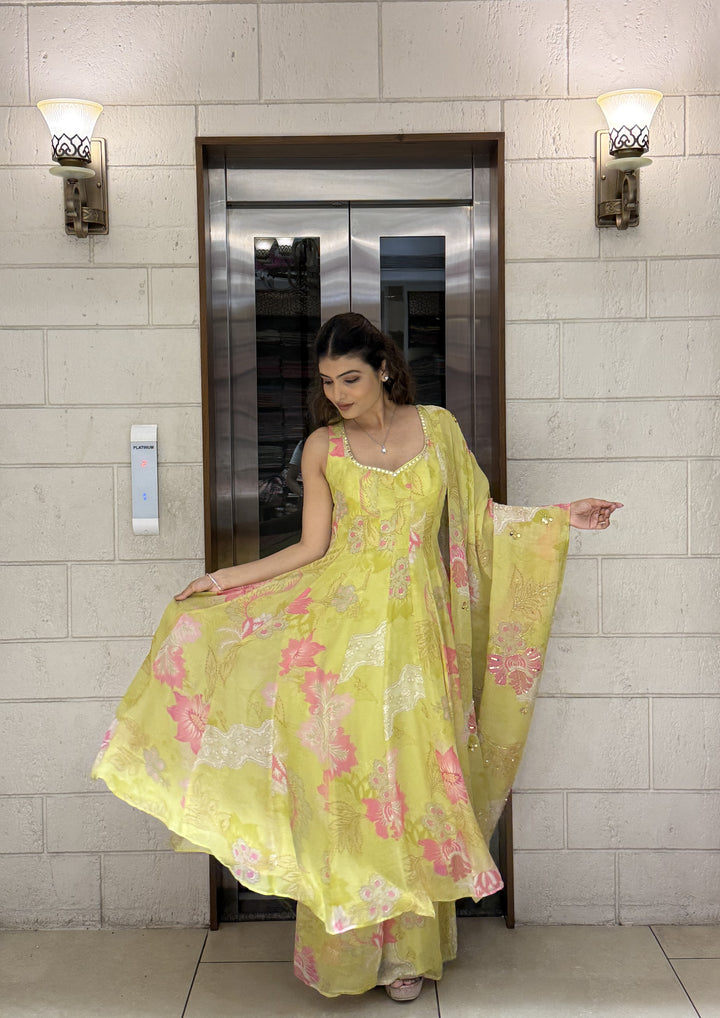 Lime Yellow Floral Anarkali Set with Palazzo Pants and Dupatta