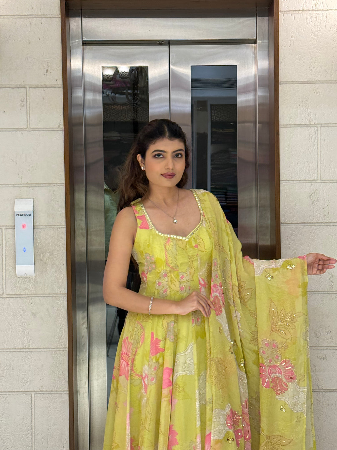 Lime Yellow Floral Anarkali Set with Palazzo Pants and Dupatta