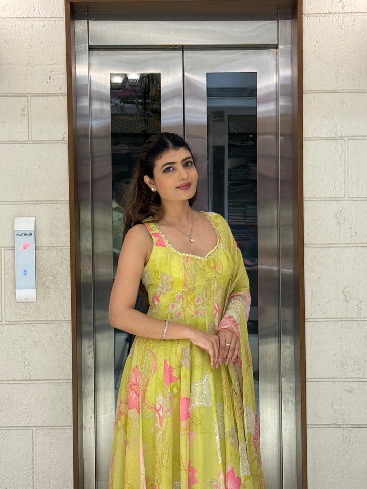 Lime Yellow Floral Anarkali Set with Palazzo Pants and Dupatta