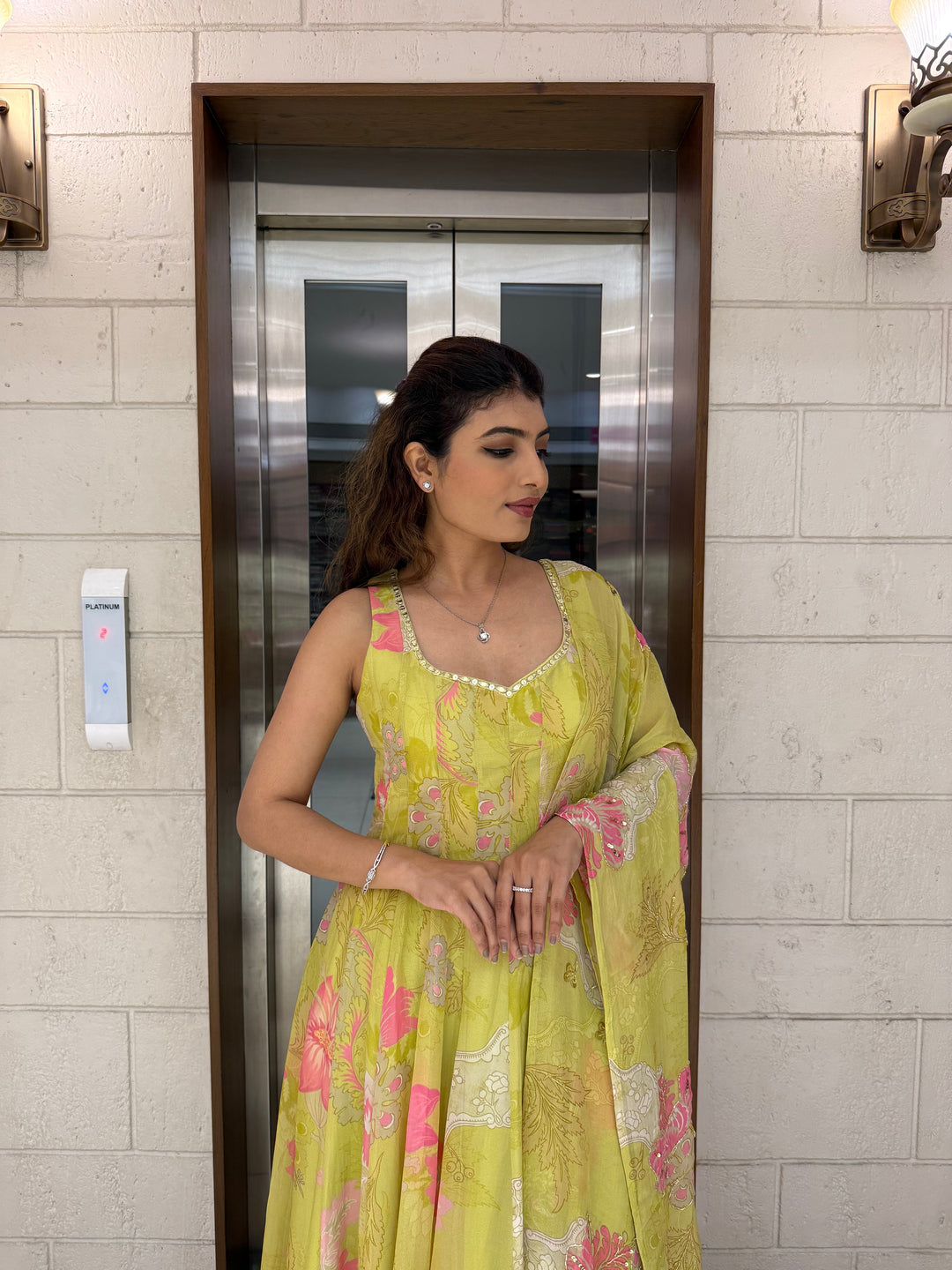 Lime Yellow Floral Anarkali Set with Palazzo Pants and Dupatta