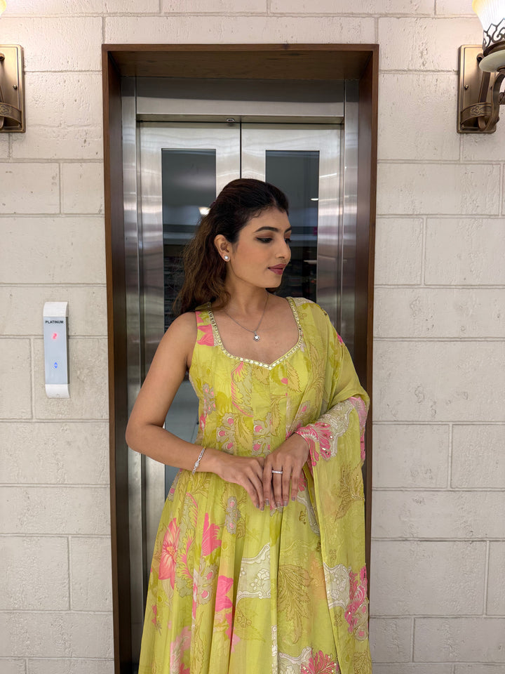 Lime Yellow Floral Anarkali Set with Palazzo Pants and Dupatta