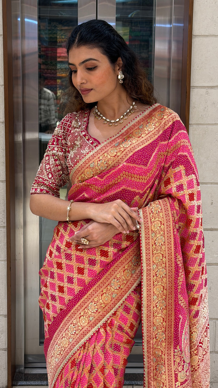 Rani Pink Banarasi Silk Saree with Rich Zari Weaving & Traditional Border
