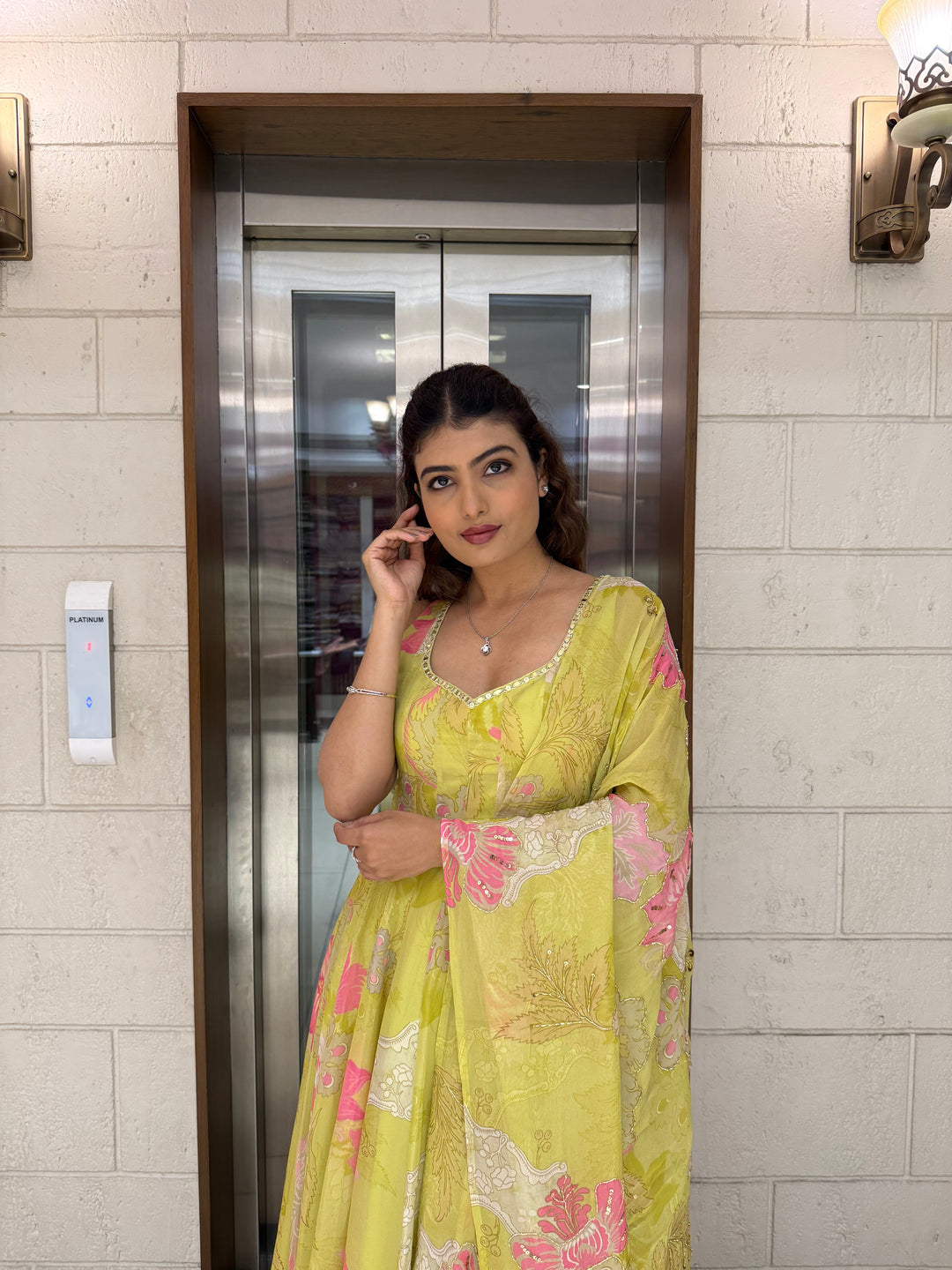 Lime Yellow Floral Anarkali Set with Palazzo Pants and Dupatta