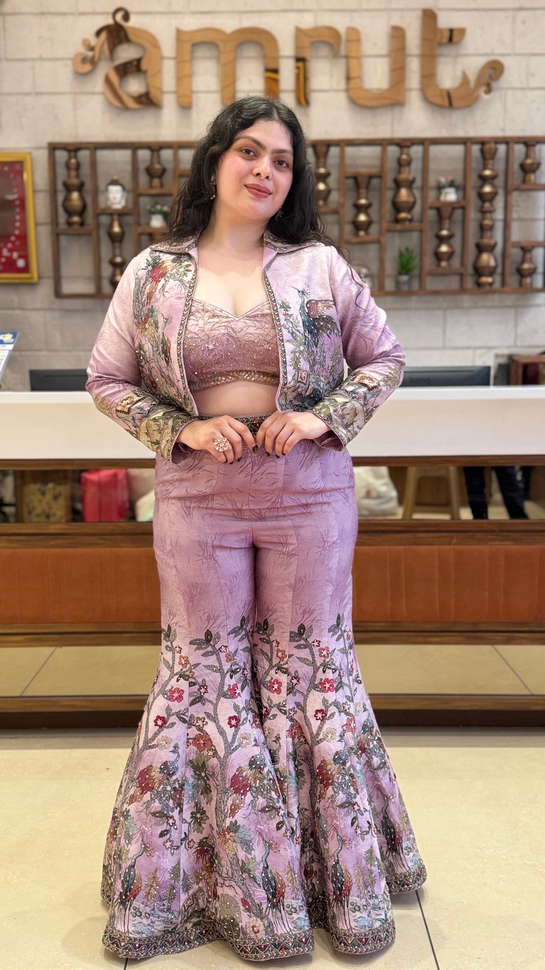 Lilac Printed Co-Ord Set with Embellished Bustier, Floral Jacket & Flared Palazzo