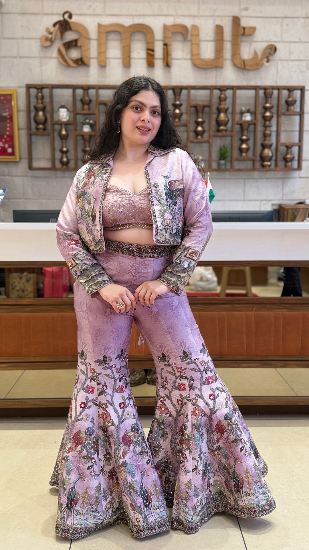 Lilac Printed Co-Ord Set with Embellished Bustier, Floral Jacket & Flared Palazzo