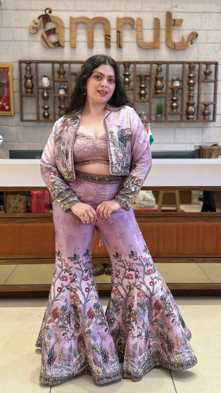 Lilac Printed Co-Ord Set with Embellished Bustier, Floral Jacket & Flared Palazzo