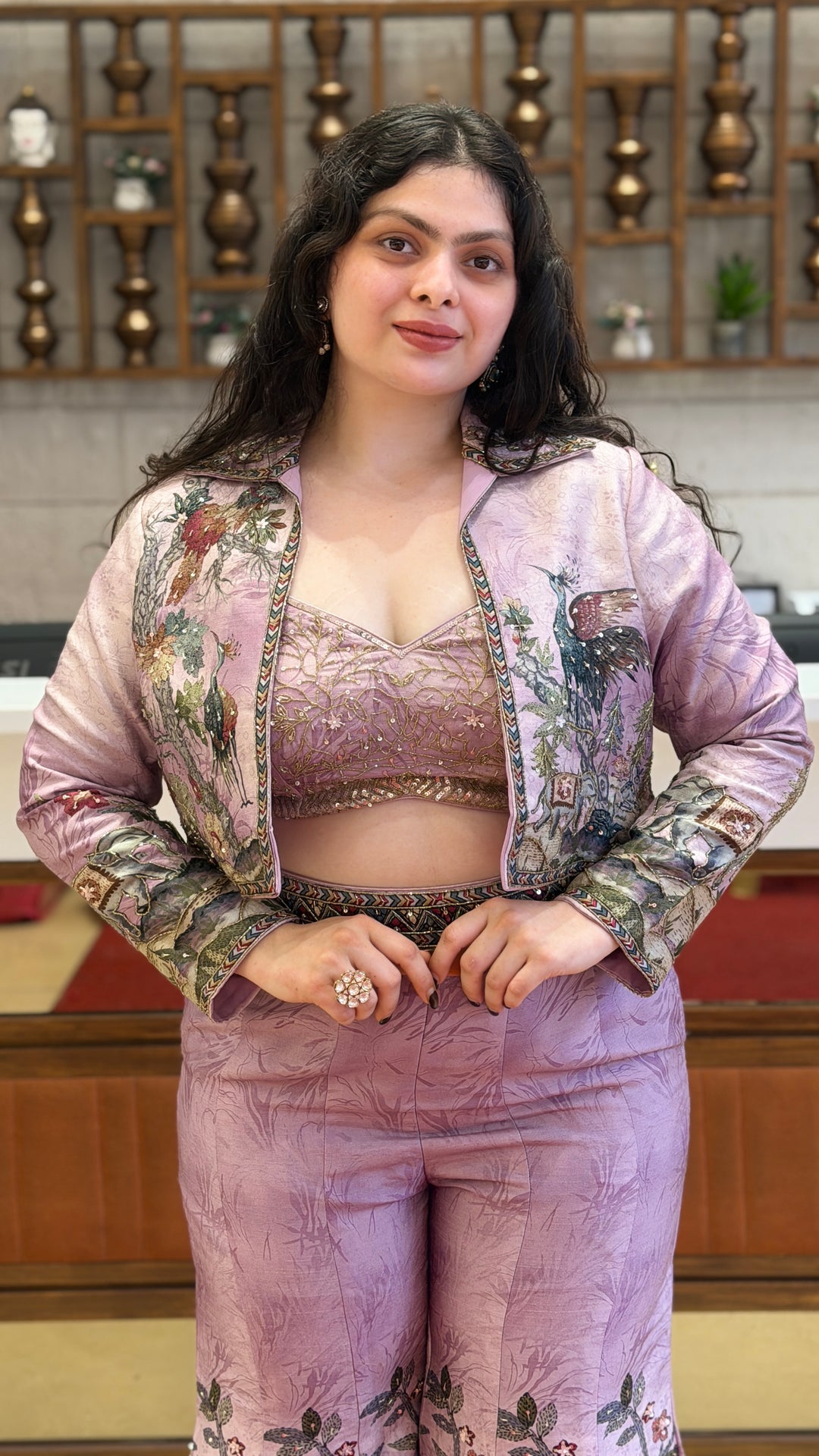 Lilac Printed Co-Ord Set with Embellished Bustier, Floral Jacket & Flared Palazzo