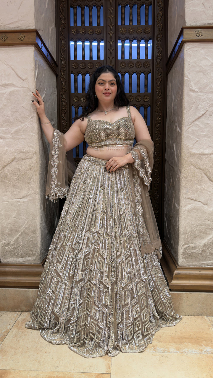Champagne Gold Designer Sequins Embroidered Lehenga Set with Net Dupatta