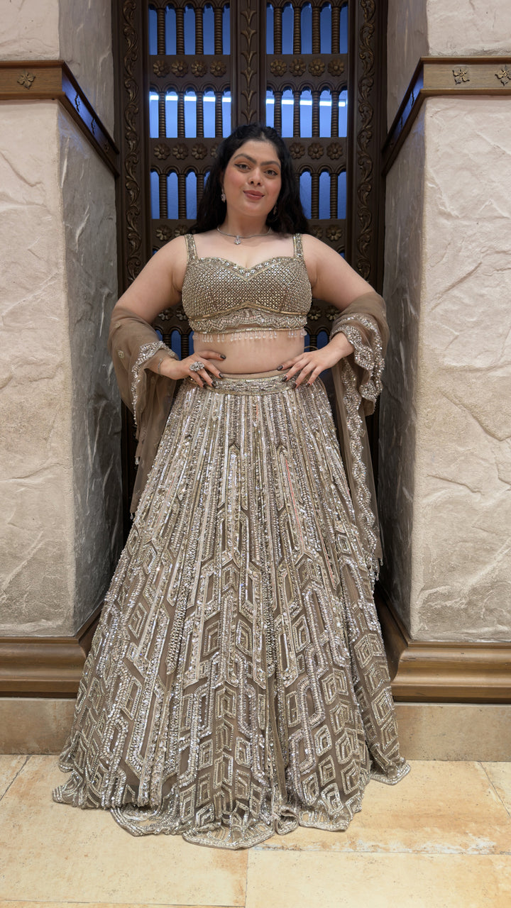 Champagne Gold Designer Sequins Embroidered Lehenga Set with Net Dupatta