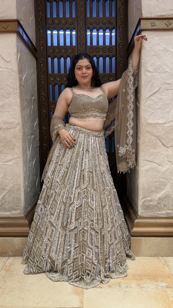 Champagne Gold Designer Sequins Embroidered Lehenga Set with Net Dupatta