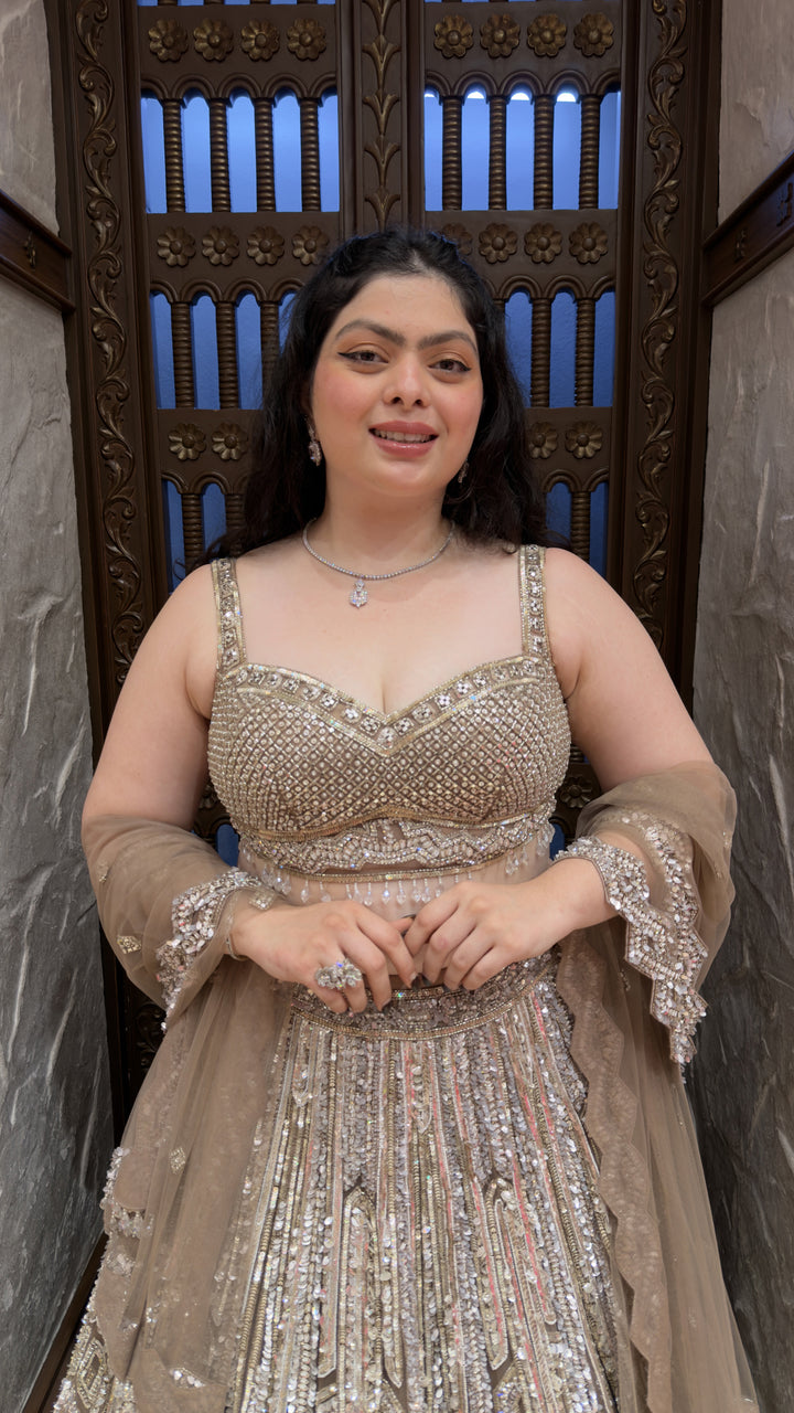 Champagne Gold Designer Sequins Embroidered Lehenga Set with Net Dupatta