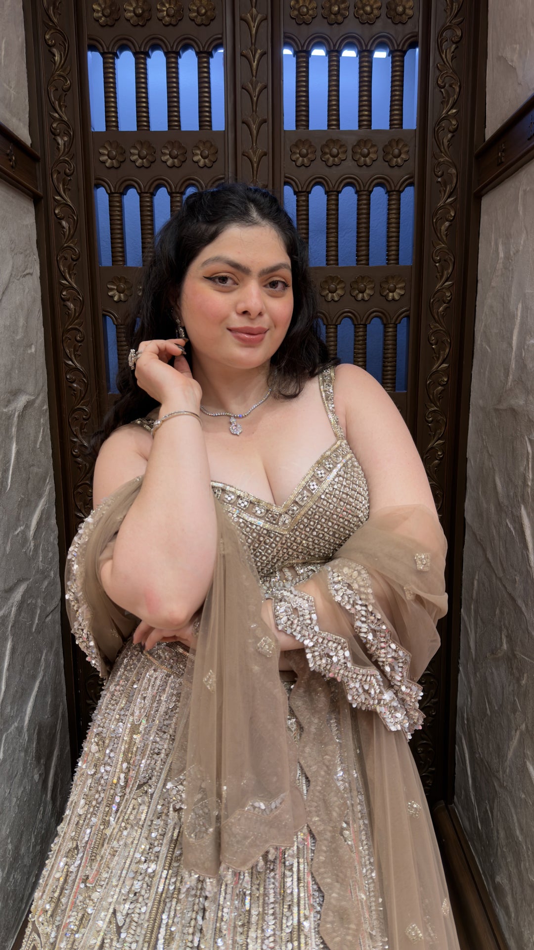 Champagne Gold Designer Sequins Embroidered Lehenga Set with Net Dupatta