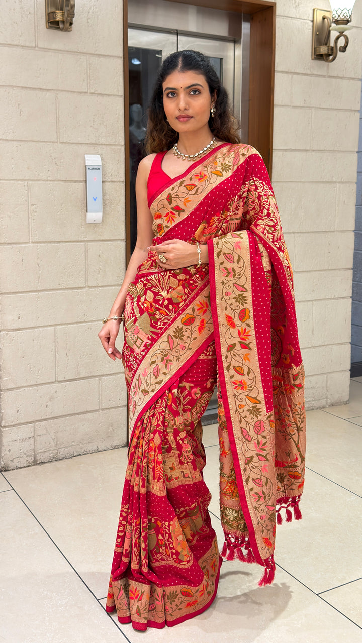 Rani Pink Khadi Georgette Banarasi Saree with Peray Bandhej