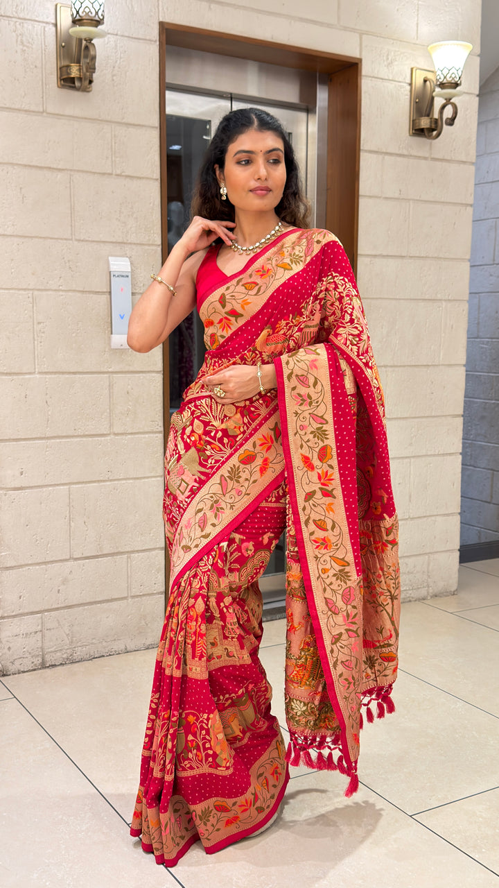Rani Pink Khadi Georgette Banarasi Saree with Peray Bandhej
