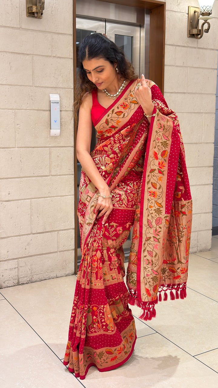 Rani Pink Khadi Georgette Banarasi Saree with Peray Bandhej
