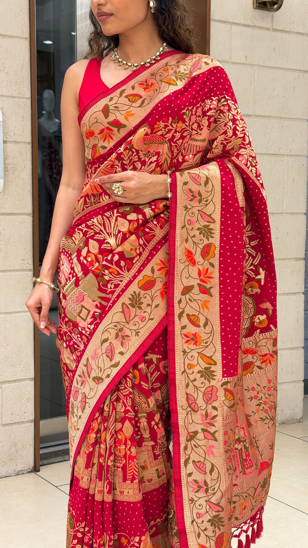 Rani Pink Khadi Georgette Banarasi Saree with Peray Bandhej
