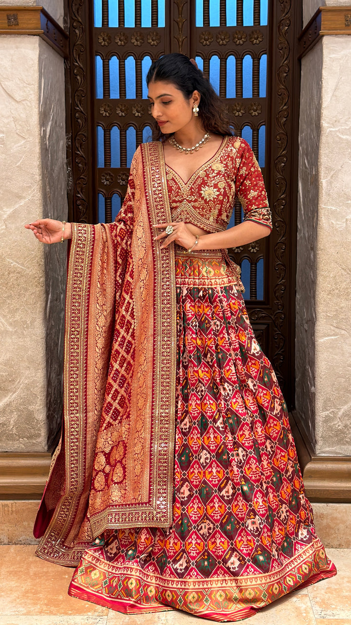 Traditional Patola Print Lehenga with Banarasi Dupatta & Embroidered Designer Blouse