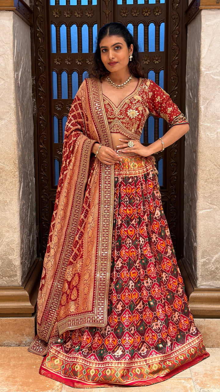 Traditional Patola Print Lehenga with Banarasi Dupatta & Embroidered Designer Blouse