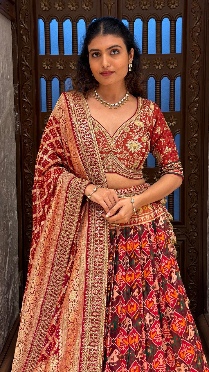 Traditional Patola Print Lehenga with Banarasi Dupatta & Embroidered Designer Blouse