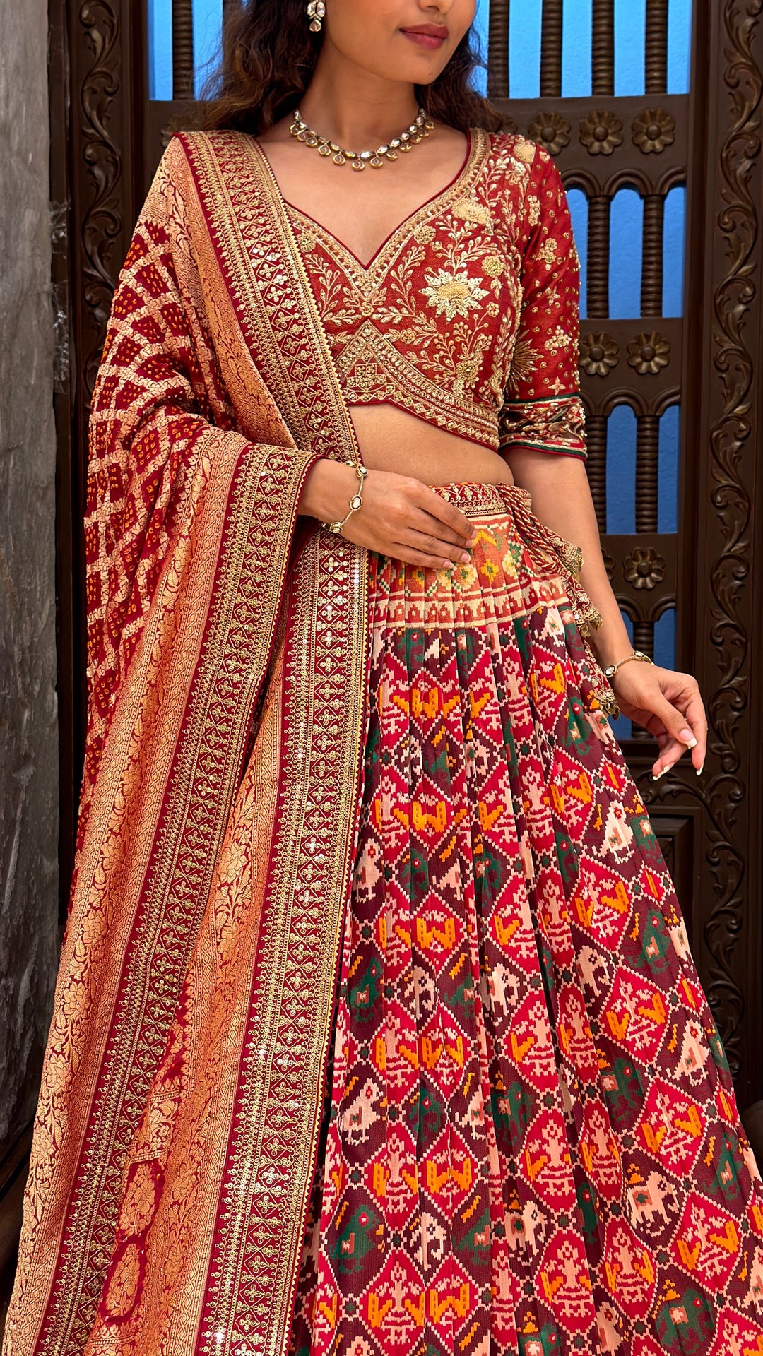 Traditional Patola Print Lehenga with Banarasi Dupatta & Embroidered Designer Blouse