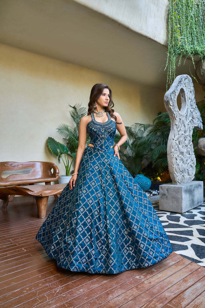 Royal Teal Blue Designer Lehenga Set with Silver Embroidery & Dupatta