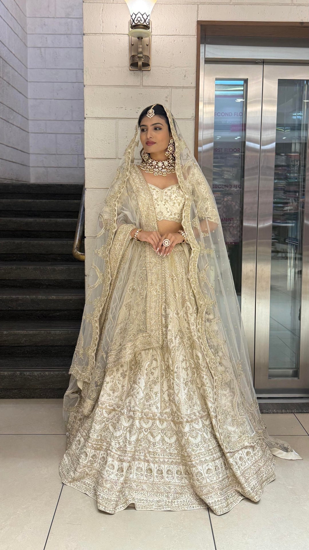 Ivory Gold Heavy Embroidered Bridal Lehenga with Net Dupatta – Royal Wedding Collection