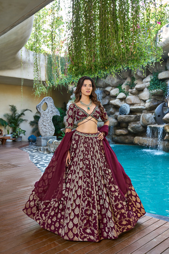 Wine Purple Designer Lehenga Set with Gold Brocade Work & Tie-Up Blouse