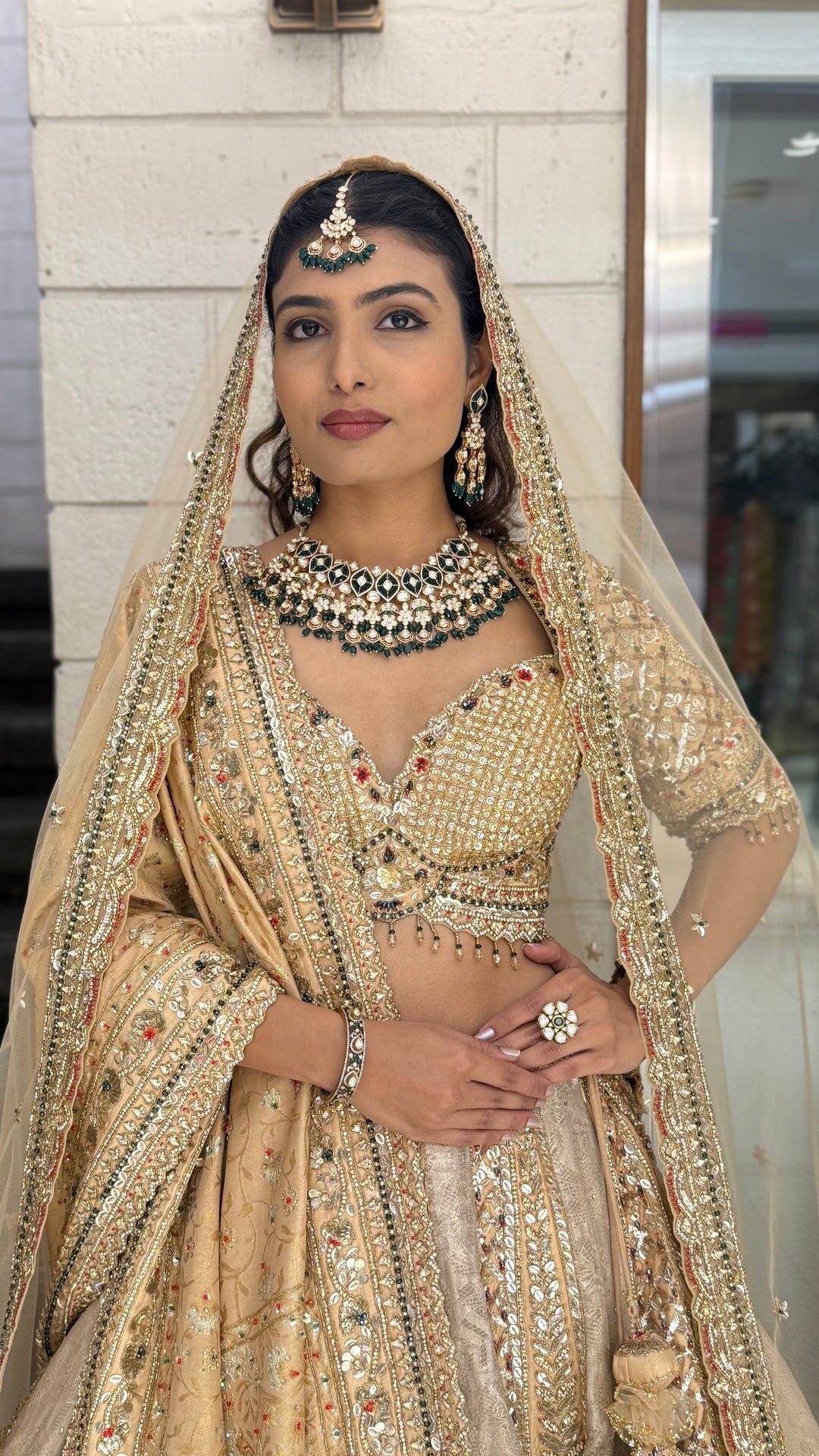 Champagne Gold Heavy Embroidered Bridal Lehenga with Net Dupatta
