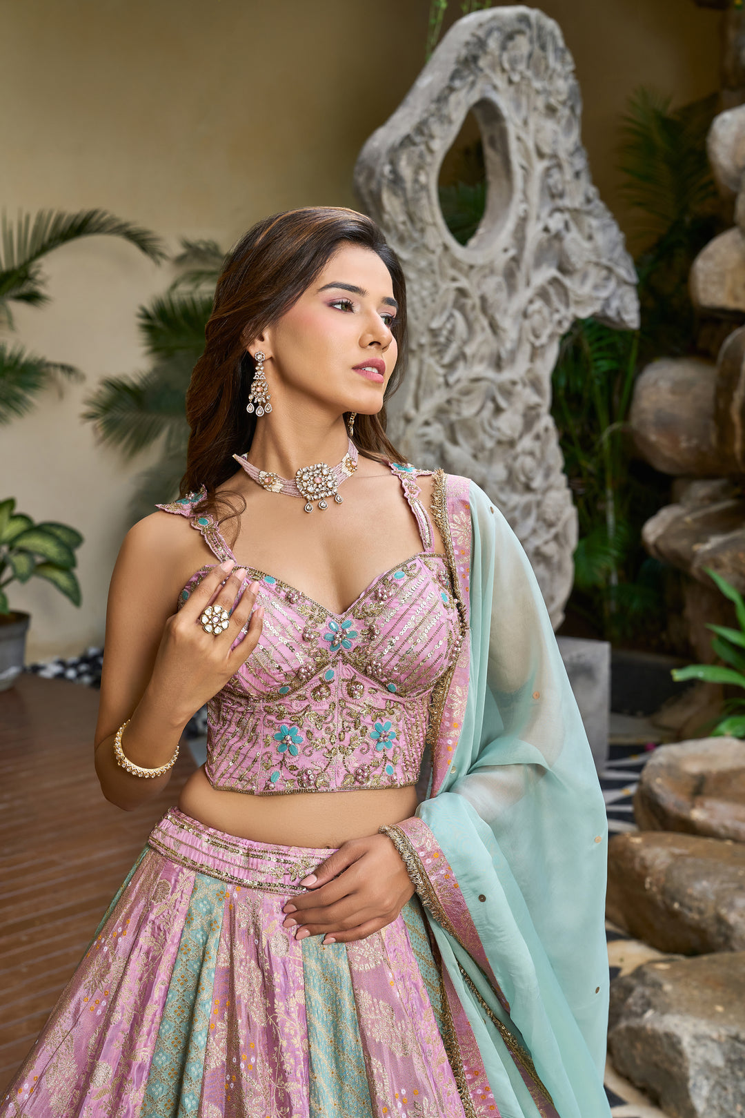 Pastel Pink Designer Lehenga Set with Mint Panels & Embellished Blouse
