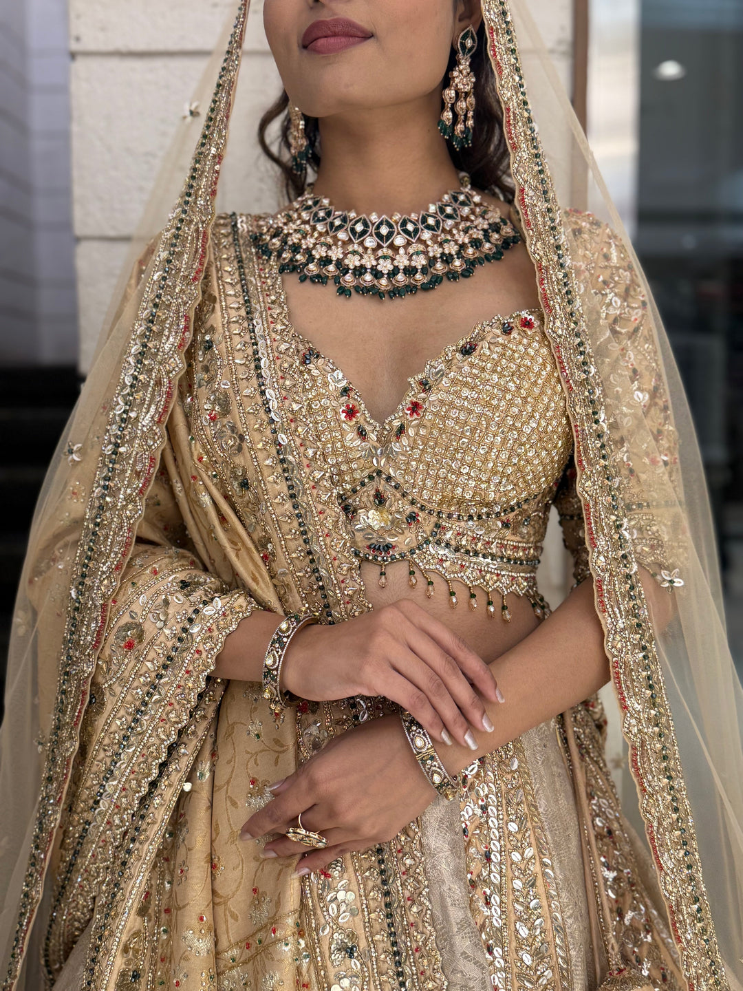 Champagne Gold Heavy Embroidered Bridal Lehenga with Net Dupatta